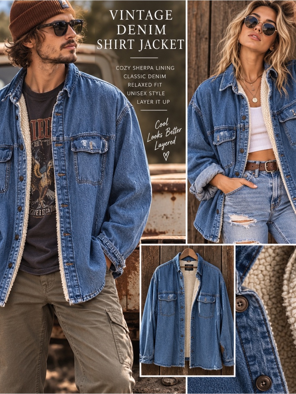 Vintage Sherpa Lined Denim Shirt Jacket Oversized Blue Jean Shacket 90’s jacket